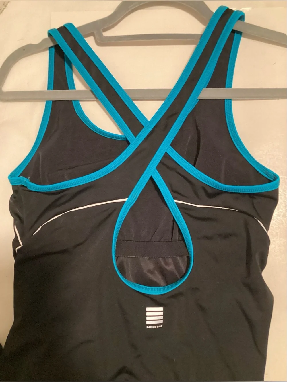 Lands End Swimsuit Size 6 One Piece Tank Black with Turquoise White Trim